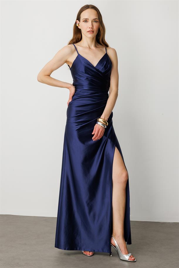 Saten Görünüm Kruvaze Abiye Elbise-LACI