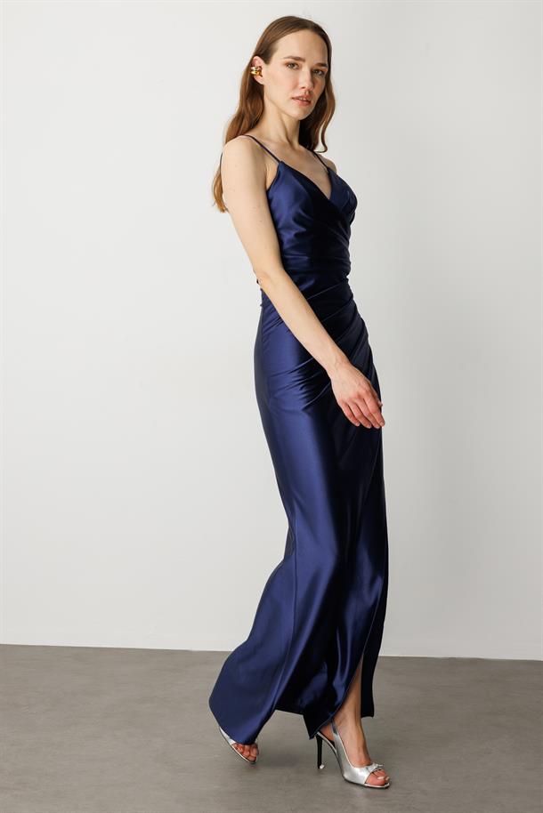 Saten Görünüm Kruvaze Abiye Elbise-LACI