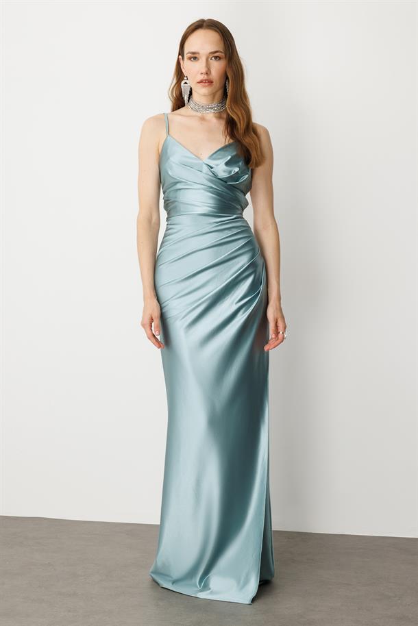 Saten Görünüm Kruvaze Abiye Elbise-MINT