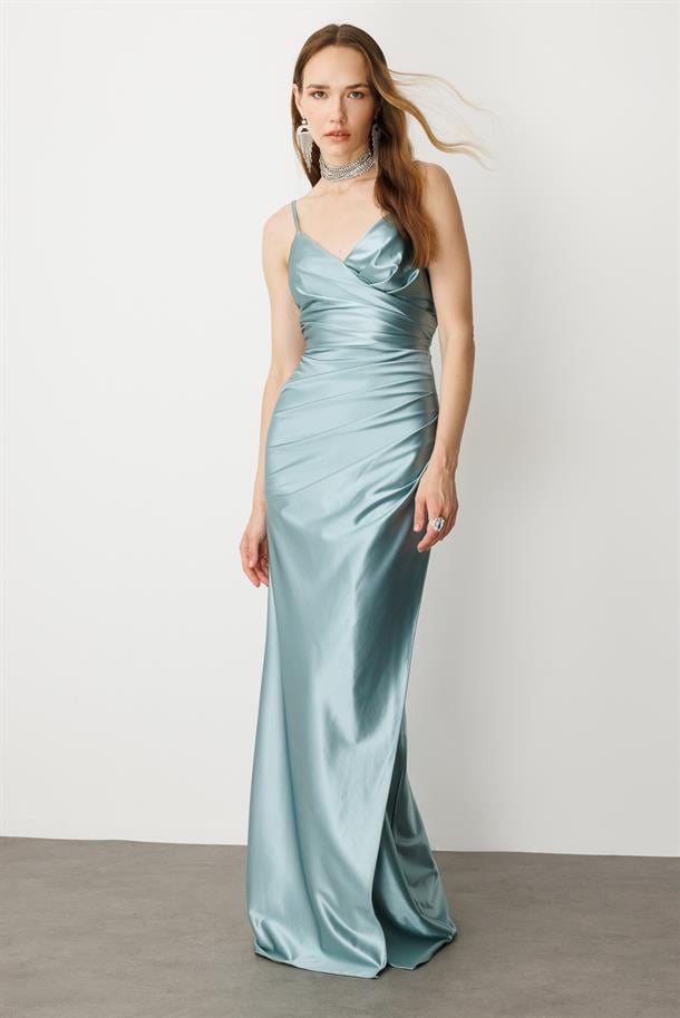 Saten Görünüm Kruvaze Abiye Elbise-MINT