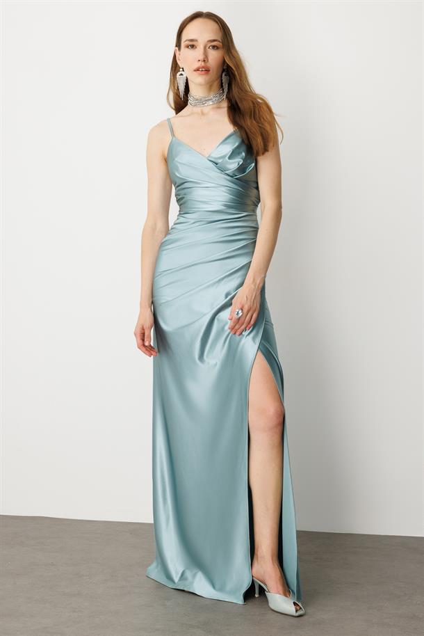 Saten Görünüm Kruvaze Abiye Elbise-MINT