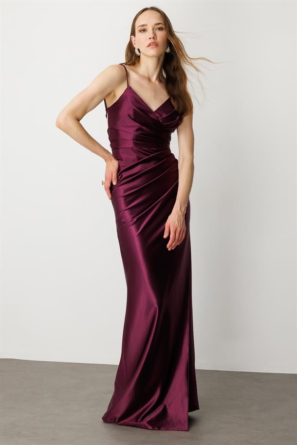 Saten Görünüm Kruvaze Abiye Elbise-MÜRDÜM