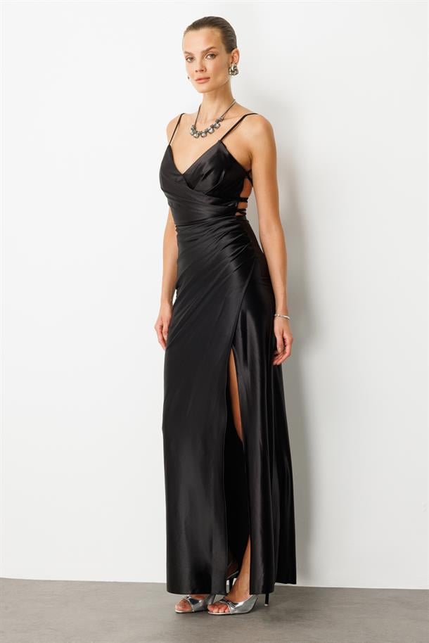 Saten Görünüm Kruvaze Abiye Elbise-SİYAH