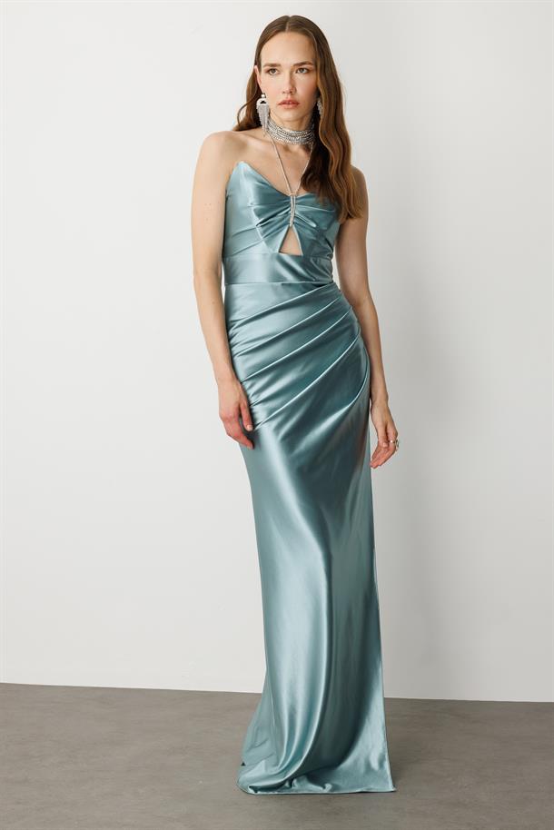 Saten Görünüm Taş Detaylı Abiye Elbise-MINT