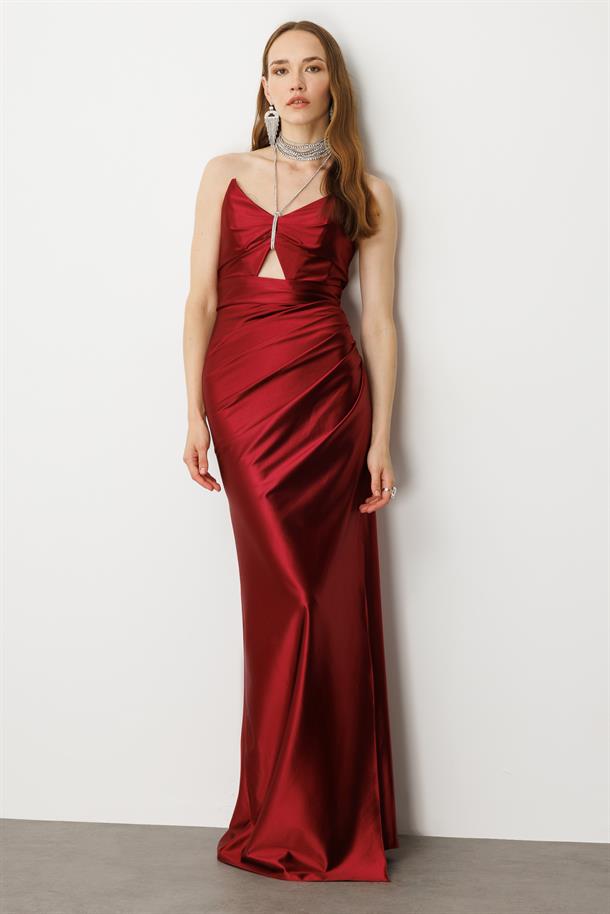 Saten Görünüm Taş Detaylı Abiye Elbise-BORDO