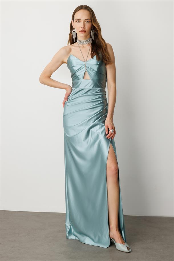 Saten Görünüm Taş Detaylı Abiye Elbise-MINT