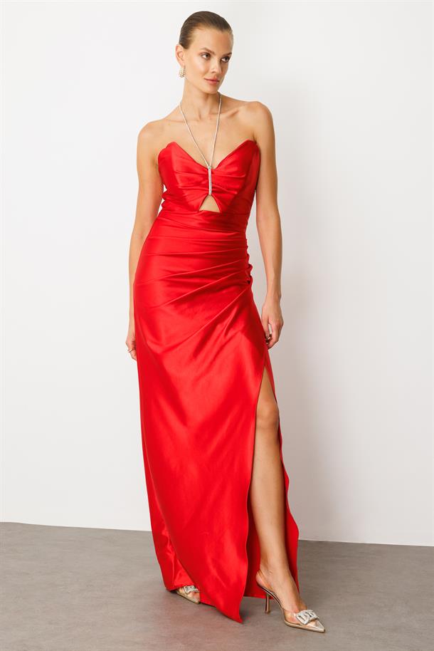 Saten Görünüm Taş Detaylı Abiye Elbise-KIRMIZI