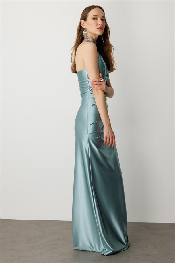 Saten Görünüm Taş Detaylı Abiye Elbise-MINT