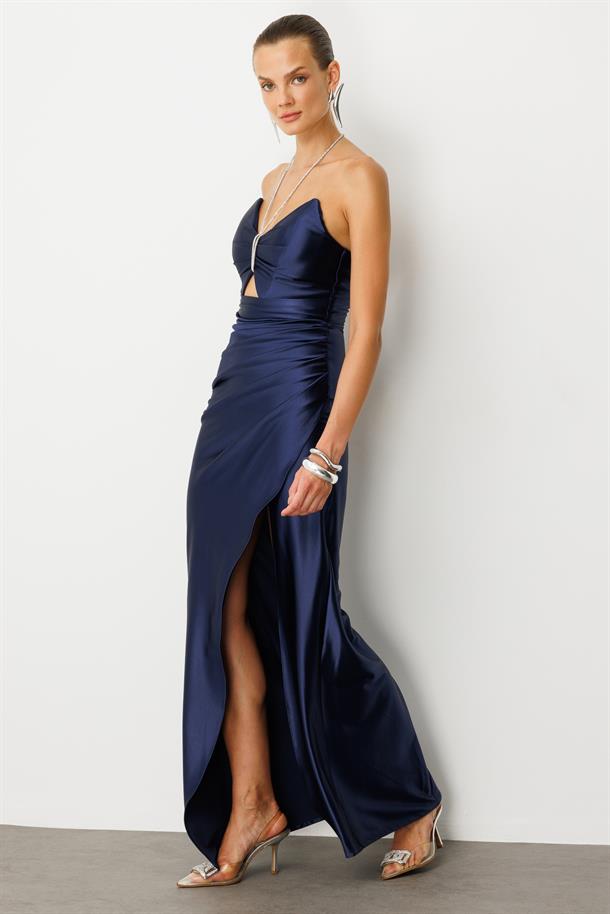 Saten Görünüm Taş Detaylı Abiye Elbise-LACI