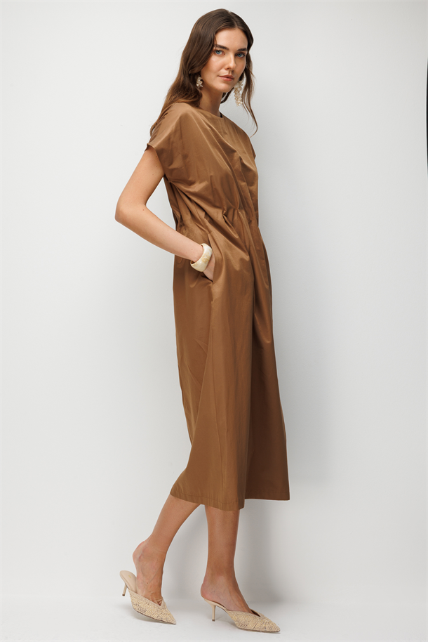 Saten Görünümlü Uzun Elbise-CAMEL