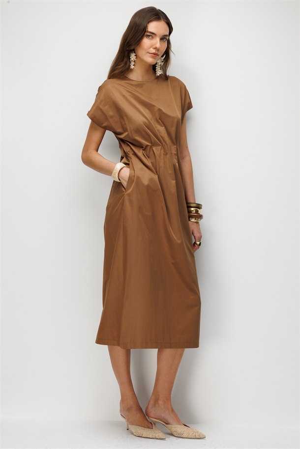 Saten Görünümlü Uzun Elbise-CAMEL