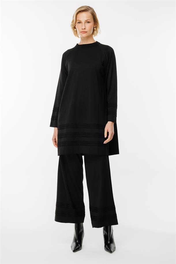 Şerit Desenli Triko Tunik Pantolon Takım-SİYAH