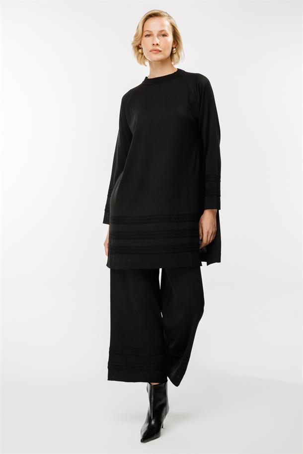 Şerit Desenli Triko Tunik Pantolon Takım-SİYAH