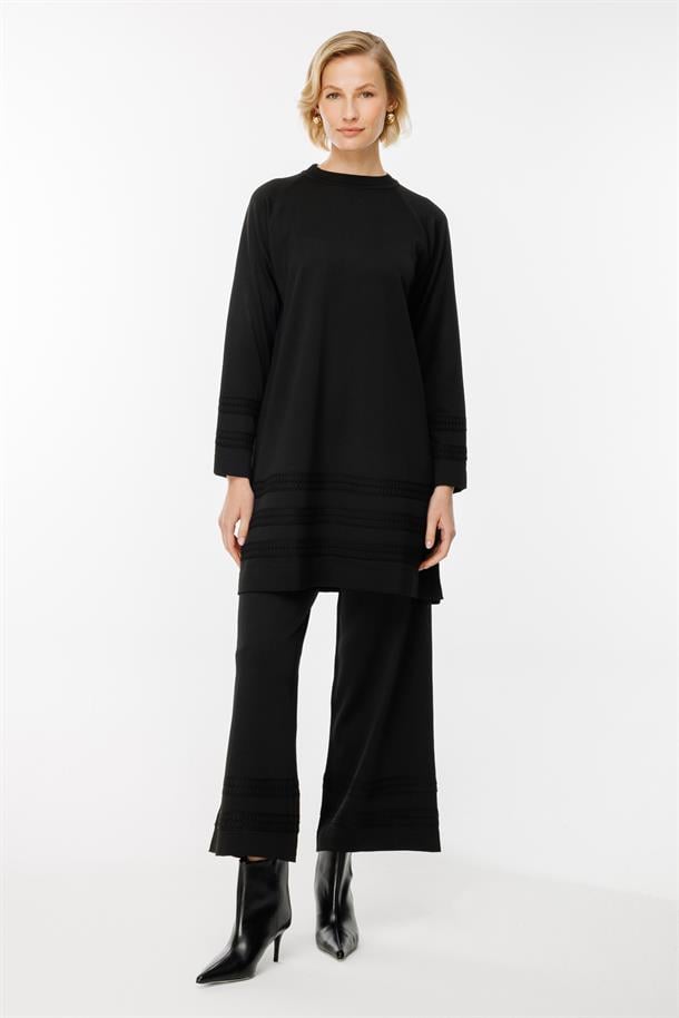 Şerit Desenli Triko Tunik Pantolon Takım-SİYAH