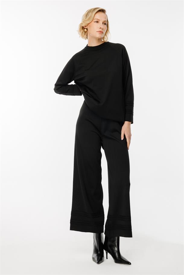 Şerit Desenli Triko Tunik Pantolon Takım-SİYAH