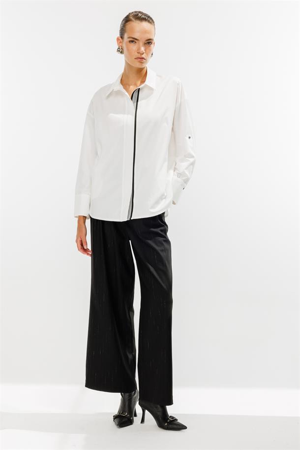 Şerit Detaylı Coton Gömlek-KEMIK