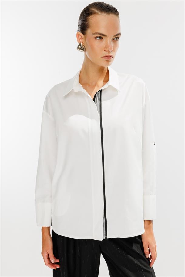 Şerit Detaylı Coton Gömlek-KEMIK