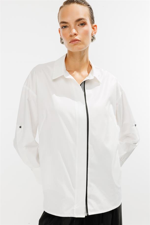 Şerit Detaylı Coton Gömlek-KEMIK