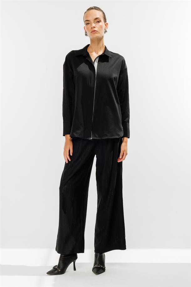 Şerit Detaylı Coton Gömlek-SİYAH