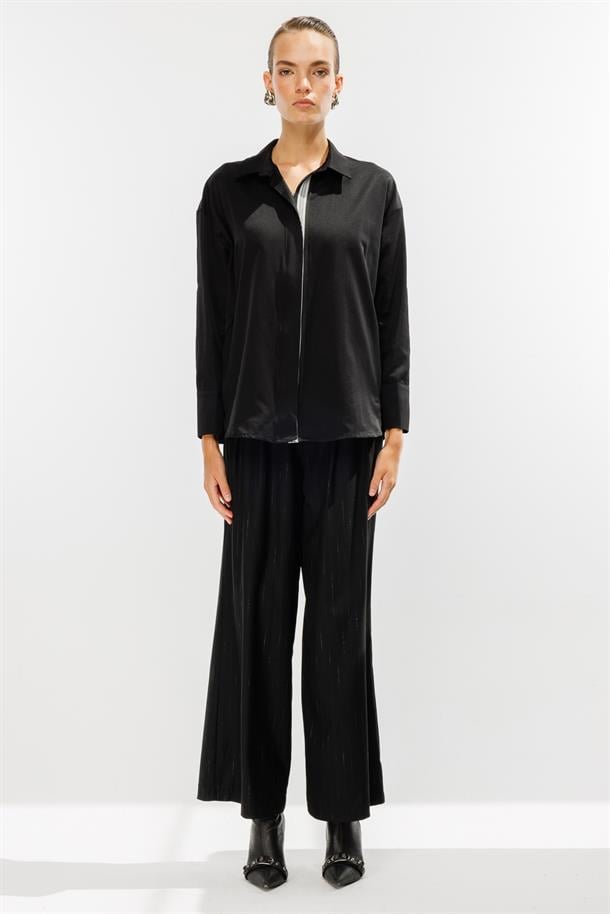 Şerit Detaylı Coton Gömlek-SİYAH