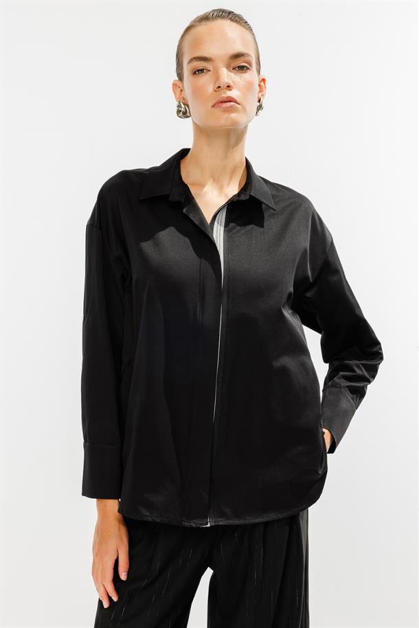 Şerit Detaylı Coton Gömlek-SİYAH