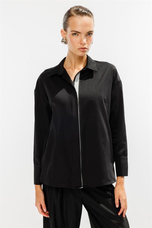 Şerit Detaylı Coton Gömlek-SİYAH