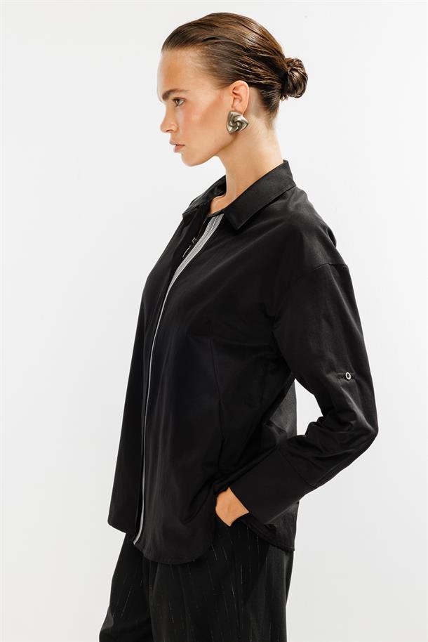 Şerit Detaylı Coton Gömlek-SİYAH