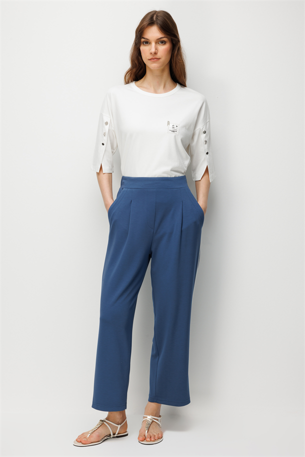 Şerit Detaylı Modal Pantolon-İNDİGO