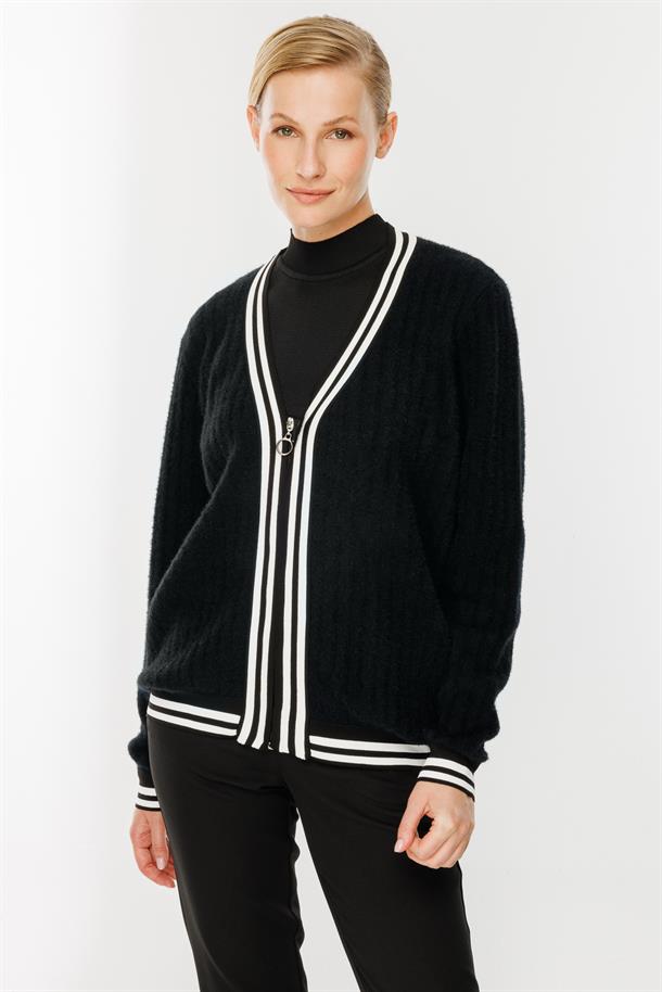 Şerit Detaylı Triko Hırka-SİYAH