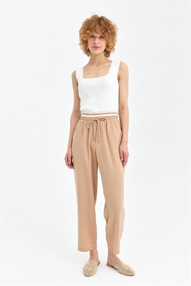 Şerit Lastik Detaylı Keten Pantolon-CAMEL