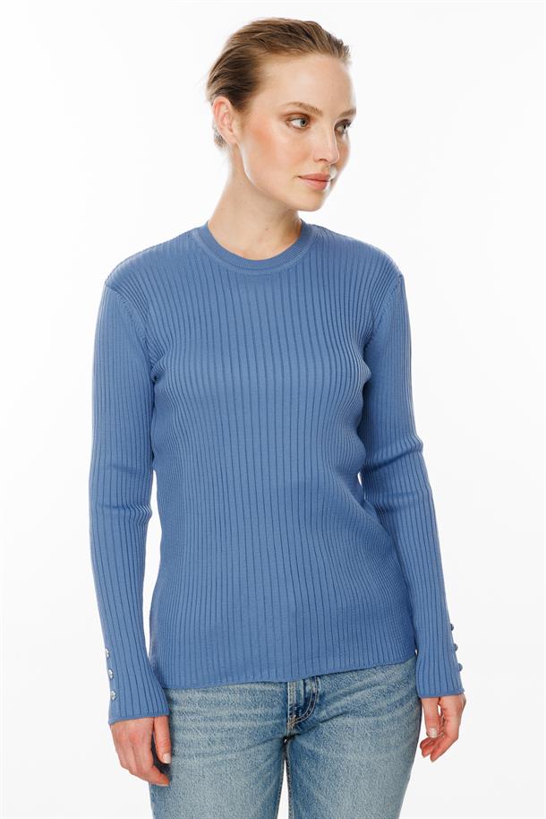 Sıfır Yaka Fitilli Triko Kazak-İNDİGO