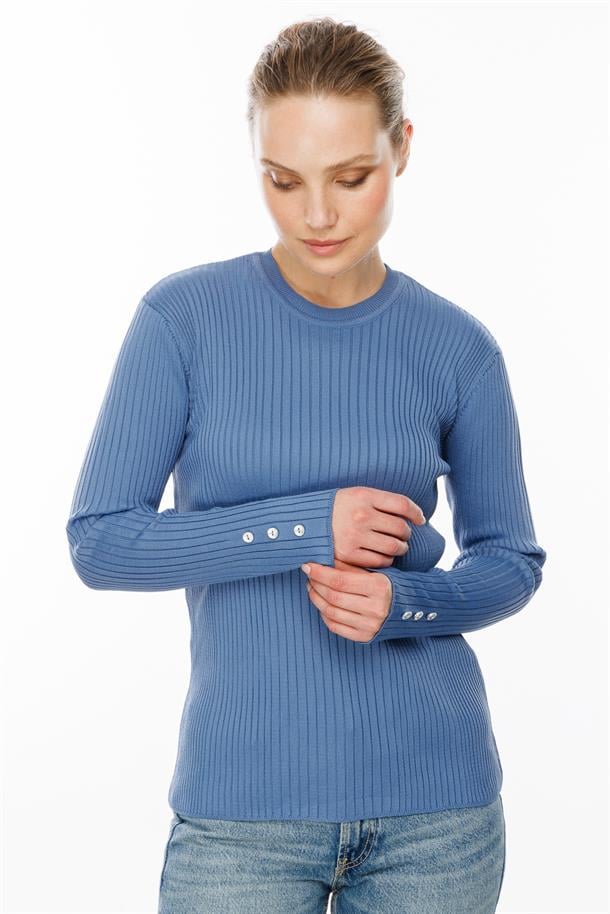 Sıfır Yaka Fitilli Triko Kazak-İNDİGO