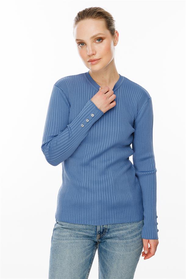 Sıfır Yaka Fitilli Triko Kazak-İNDİGO