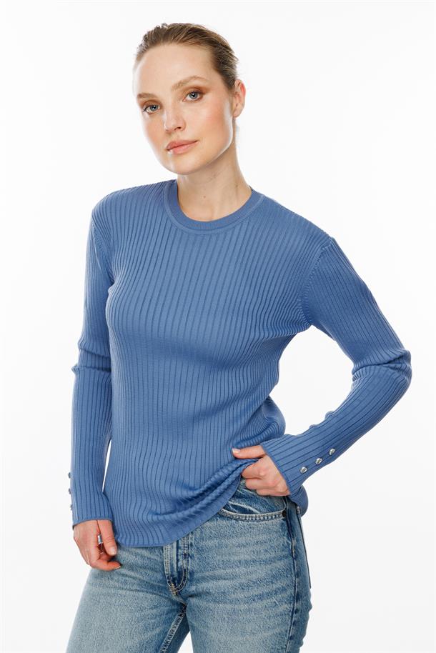 Sıfır Yaka Fitilli Triko Kazak-İNDİGO