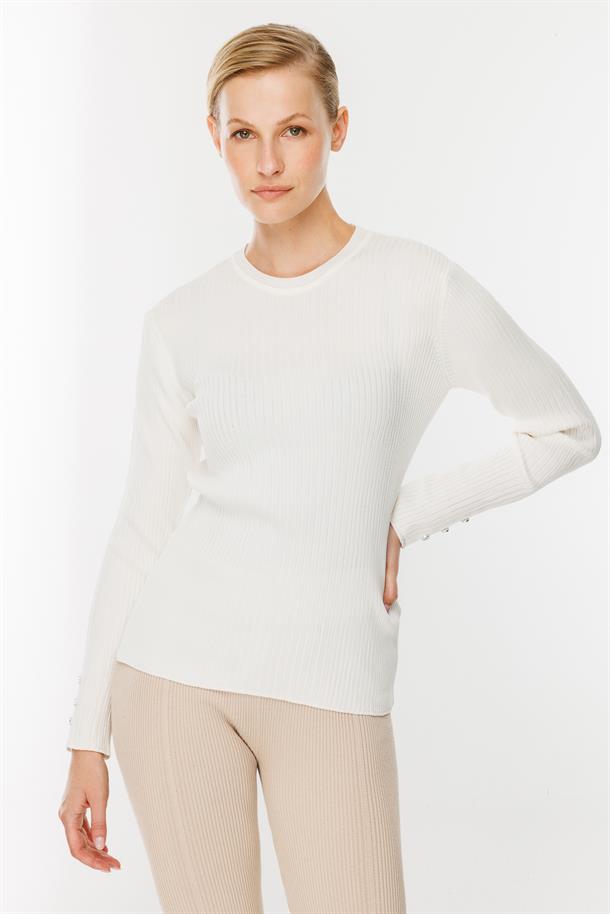 Sıfır Yaka Fitilli Triko Kazak-EKRU