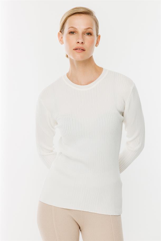 Sıfır Yaka Fitilli Triko Kazak-EKRU