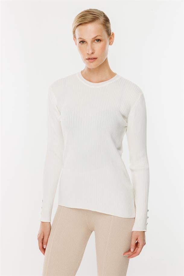 Sıfır Yaka Fitilli Triko Kazak-EKRU