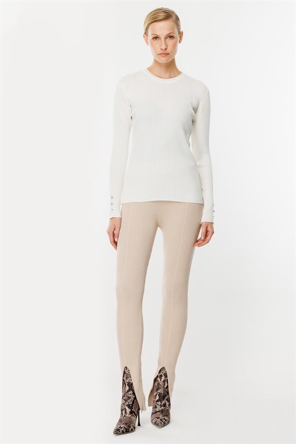 Sıfır Yaka Fitilli Triko Kazak-EKRU