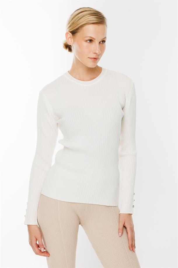 Sıfır Yaka Fitilli Triko Kazak-EKRU