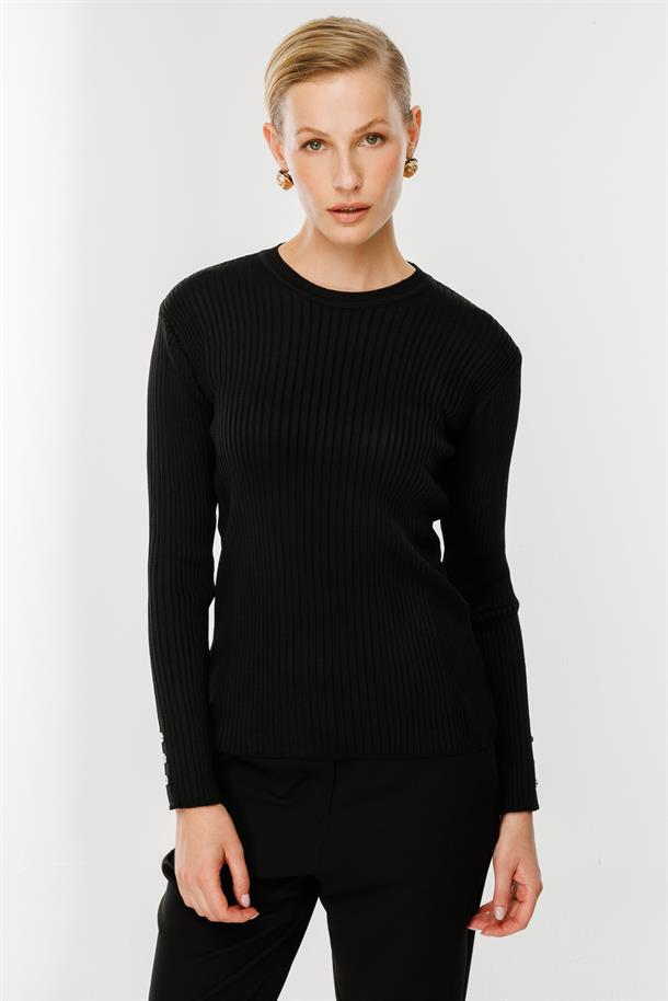 Sıfır Yaka Fitilli Triko Kazak-SİYAH