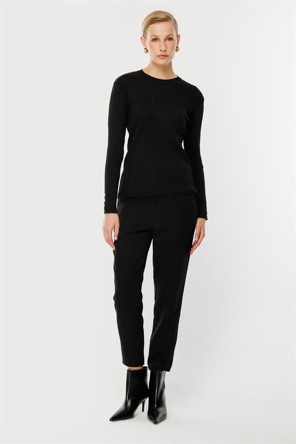 Sıfır Yaka Fitilli Triko Kazak-SİYAH