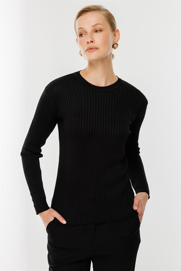 Sıfır Yaka Fitilli Triko Kazak-SİYAH