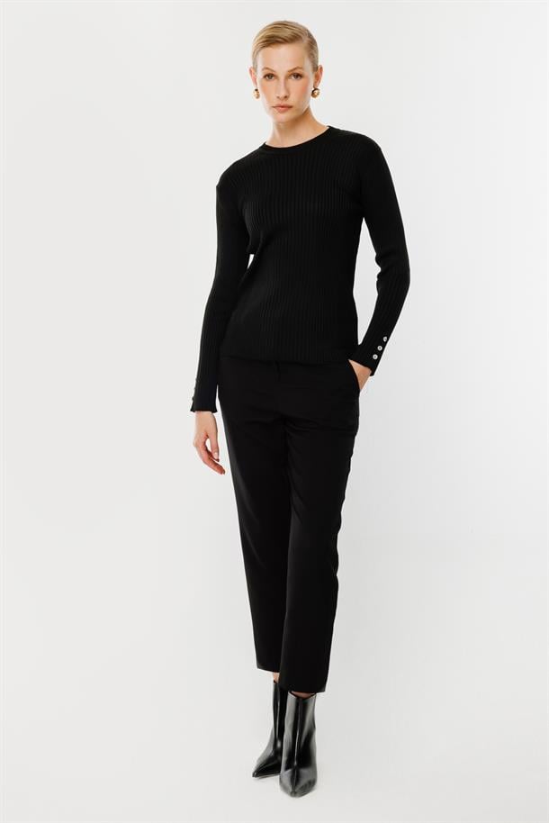 Sıfır Yaka Fitilli Triko Kazak-SİYAH