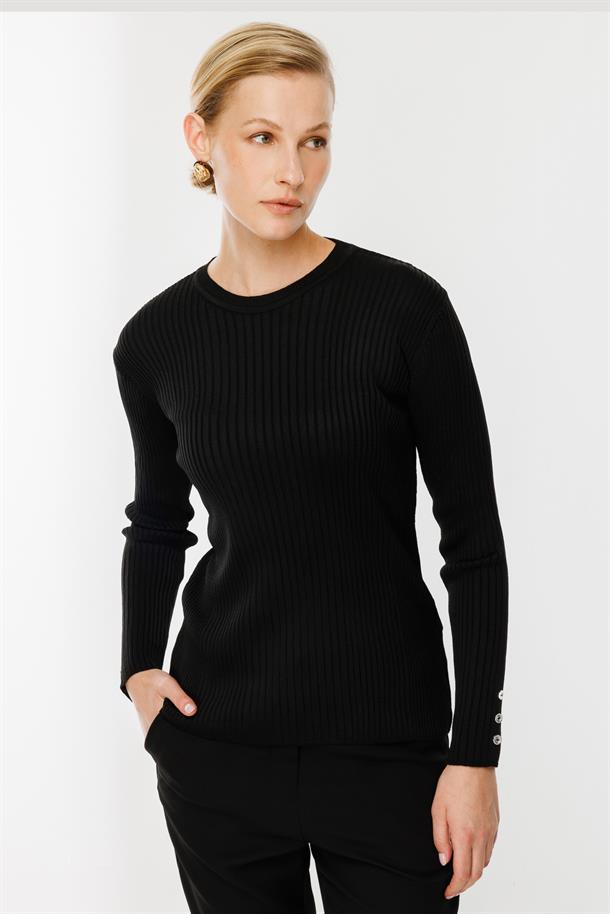 Sıfır Yaka Fitilli Triko Kazak-SİYAH