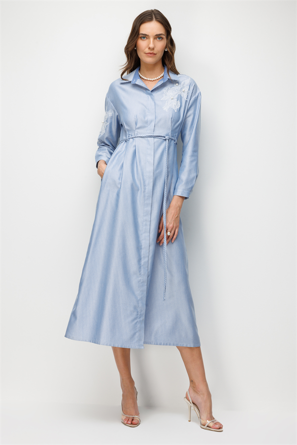 Sim Çizgili Düğmeli Elbise-MAVİ