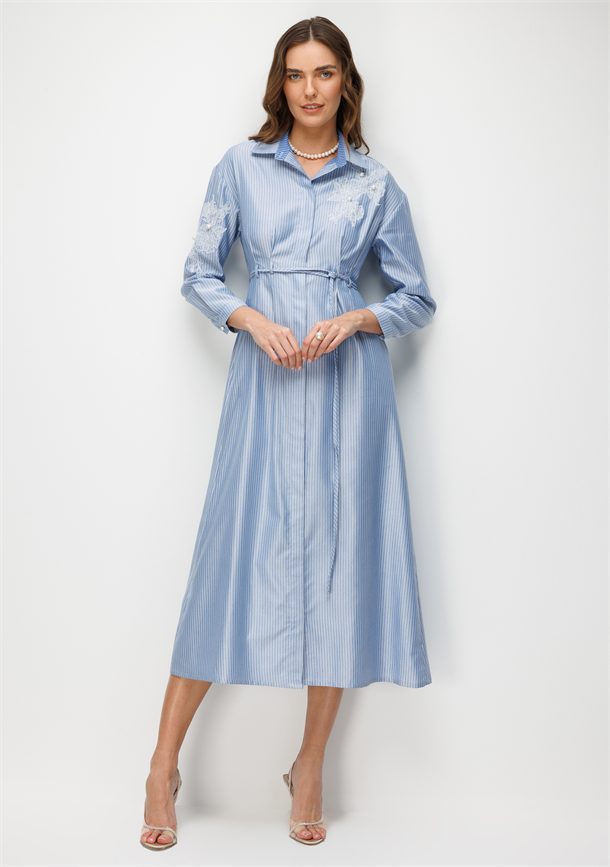 Sim Çizgili Düğmeli Elbise-MAVİ