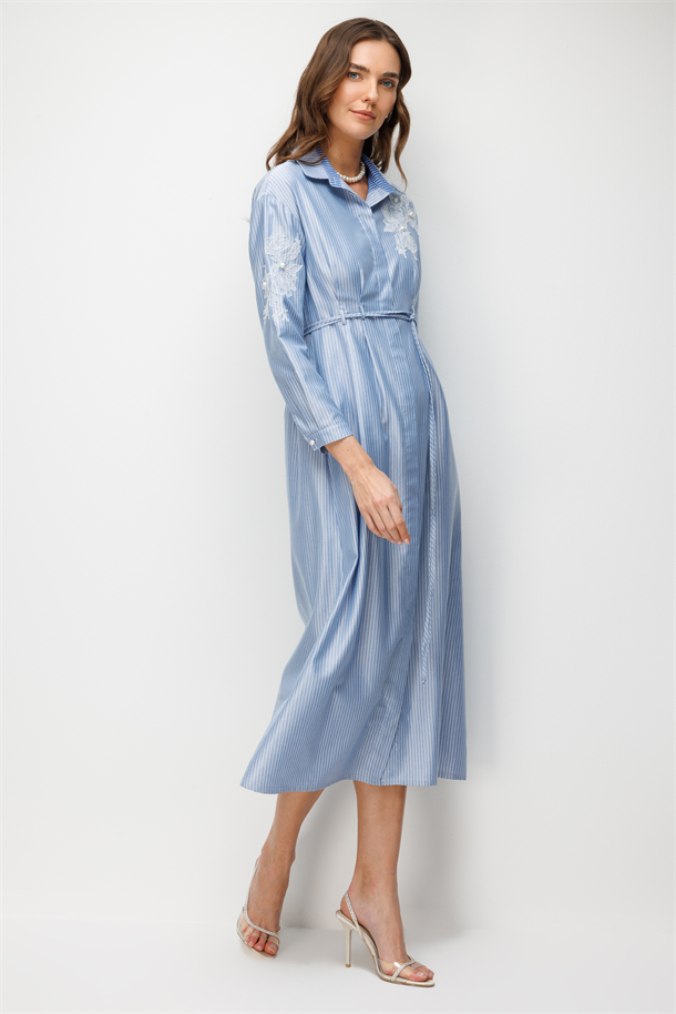 Sim Çizgili Düğmeli Elbise-MAVİ