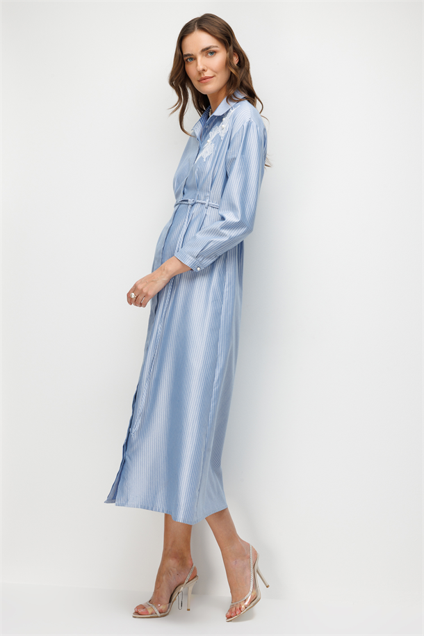 Sim Çizgili Düğmeli Elbise-MAVİ