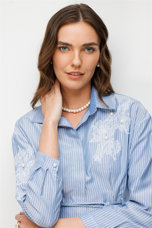 Sim Çizgili Düğmeli Elbise-MAVİ