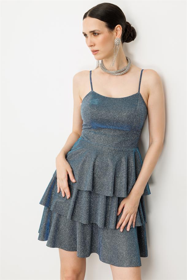 Sim Detay Kısa Abiye Elbise-SAX